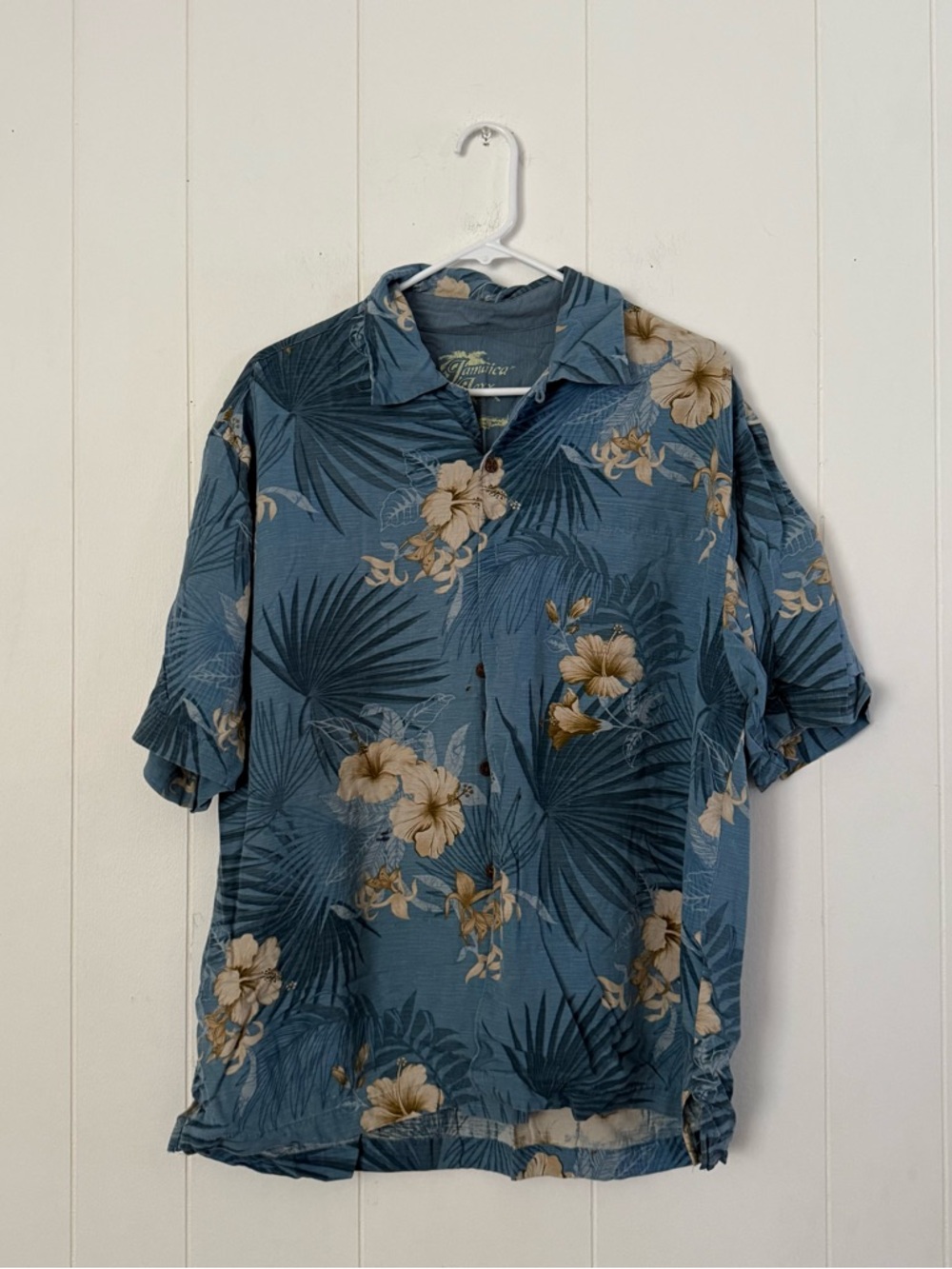 Jamaica Jaxx 100% Silk Men's Blue Floral Camp Shirt Vintage Hawaiian Tropical